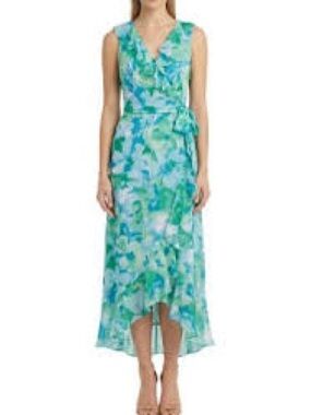 Sleeveless Green Blue Floral Wrap Midi Dress- brand is London times